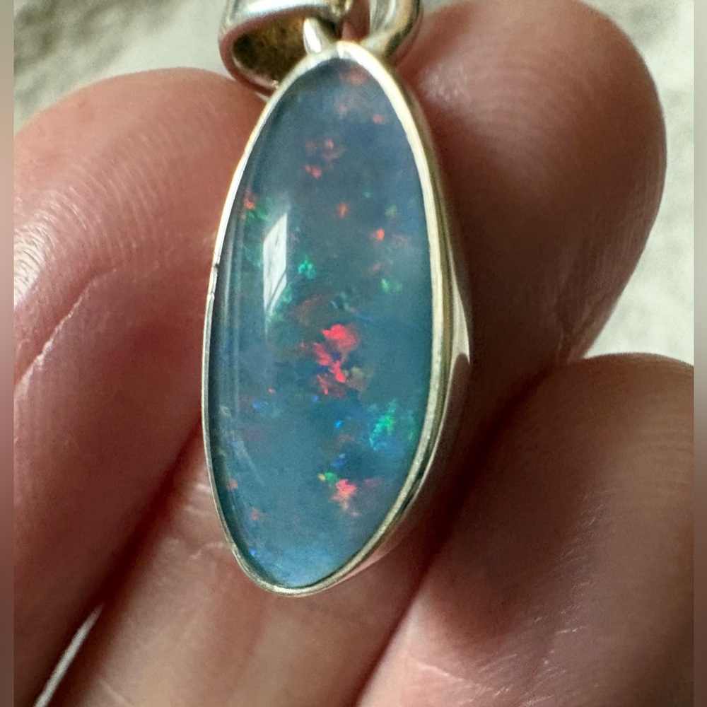 Periwinkle/ grey blue Opal Pendant in sterling Silver Setting, multi color flash